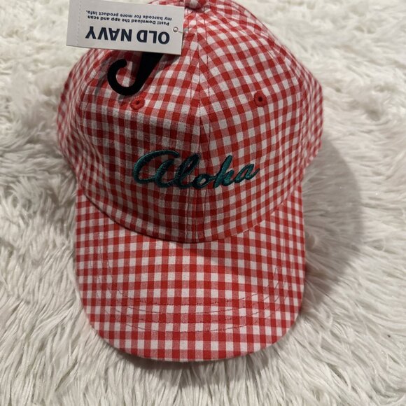Old Navy womens adjustable baseball hat ALOHA red gingham NWT picnic - Picture 1 of 8